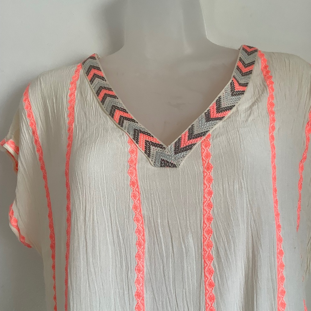 Miss Me Ivory‎ Neon Orange Embroidered Gauze Boho V-Neck Top Small